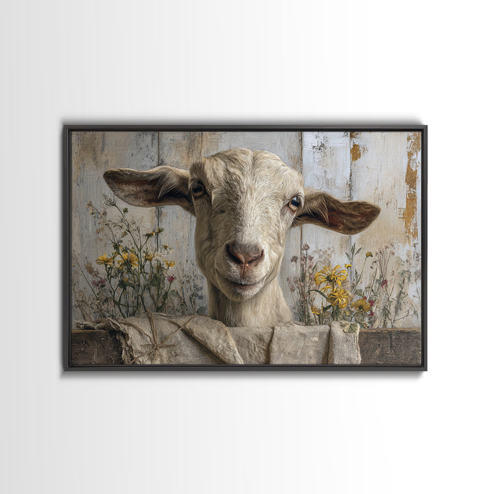 Goat Portrait with Playful Expression Framed Canvas Print, Farmhouse Art, Living Room Decor, Farmhouse Decor, Fine Art, Harvest, FAR-3x2-70