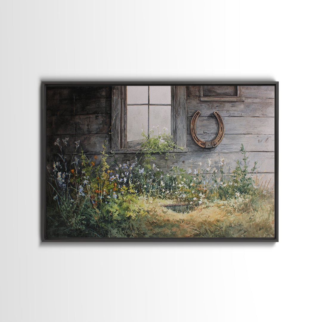 Weathered Horseshoe and Wildflowers Canvas Print, Farmhouse Art, Landscape Painting, Farmhouse Decor, Oil Painting, Harvest, FAR-3x2-73