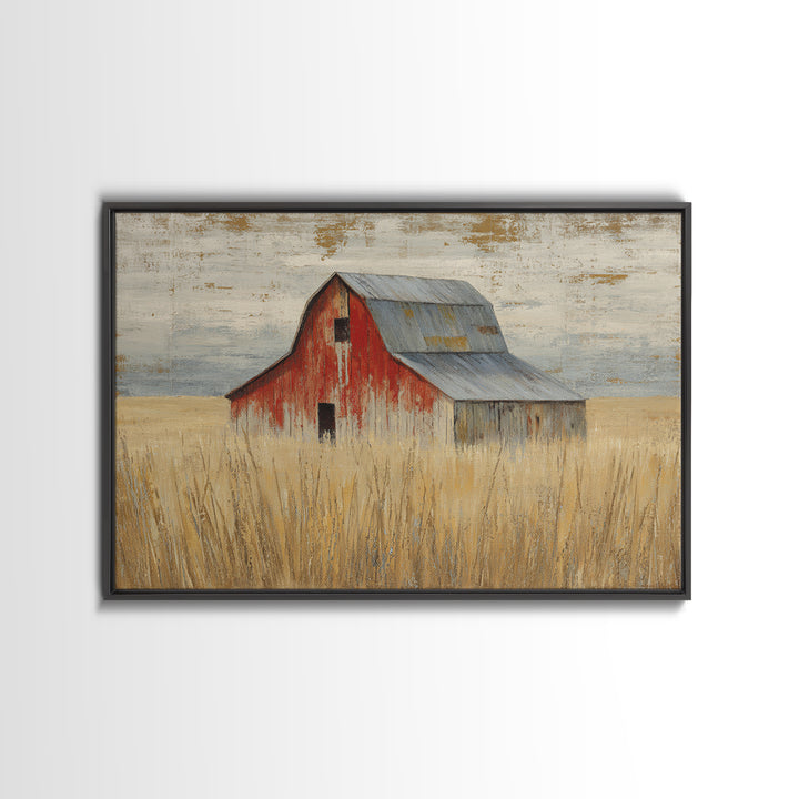 Rustic Barn in Golden Field Light Framed Canvas Print, Farmhouse Art, Botanical Prints, Farmhouse Decor, Fine Art, Harvest, FAR-3x2-78