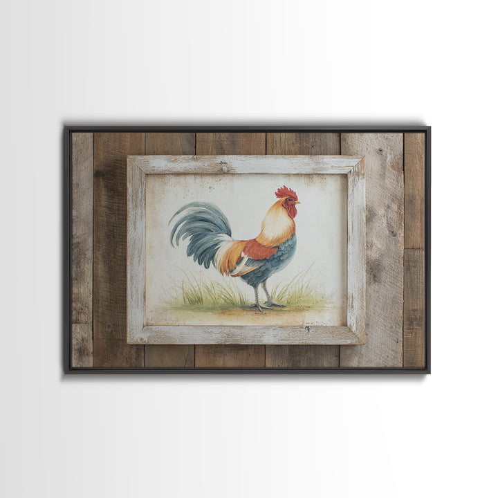 Rooster Painted in Cheerful Folk Colors Framed Canvas Print, Farmhouse Art, Printable Art, Farmhouse Decor, Oil Painting, FAR-3x2-8