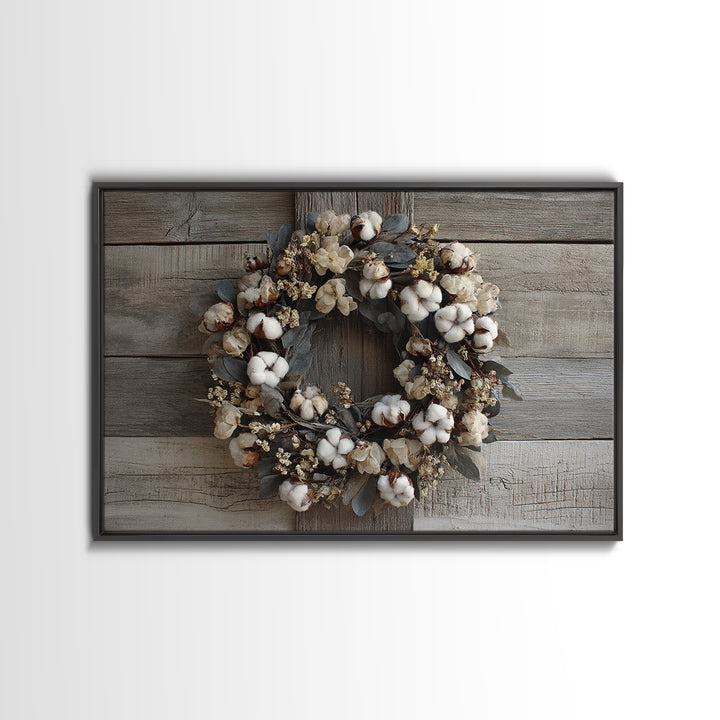 Farmhouse Wreath of Cotton Stems and Eucalyptus Framed Canvas Print, Farmhouse Art, Art Print, Farmhouse Decor, Harvest, FAR-3x2-96