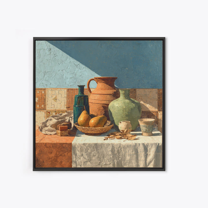 Pear Still Life on Linen Tablecloth Framed Canvas Print, French Country Art, Above Bed Art, Farmhouse Decor, Abstract Art, FCA-1x1-100
