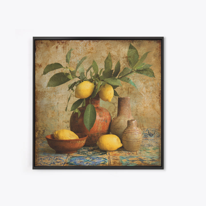 Aged Botanical Plate of Lemons and Leaves Framed Canvas Print, French Country Art, Digital Art, Farmhouse Decor, Oil Painting, FCA-1x1-12