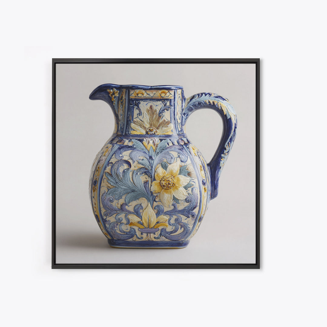 Blue and White Ceramic Pitcher Framed Canvas Print, French Country Art, Farmhouse Decor, Oil Painting, Country, FCA-1x1-27