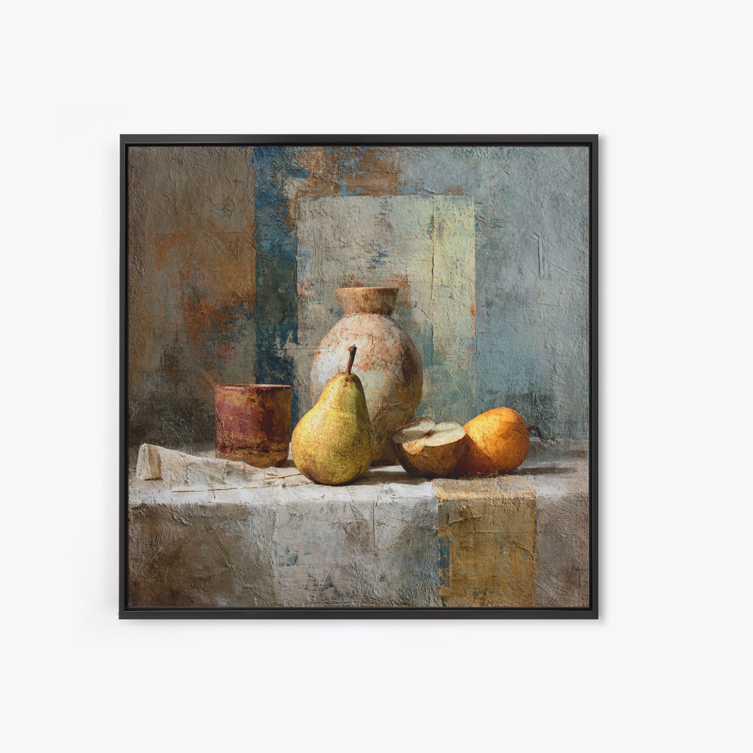 Pear Still Life on Linen Tablecloth Framed Canvas Print, French Country Art, Digital Wall Art, Farmhouse Decor, Country, FCA-1x1-28