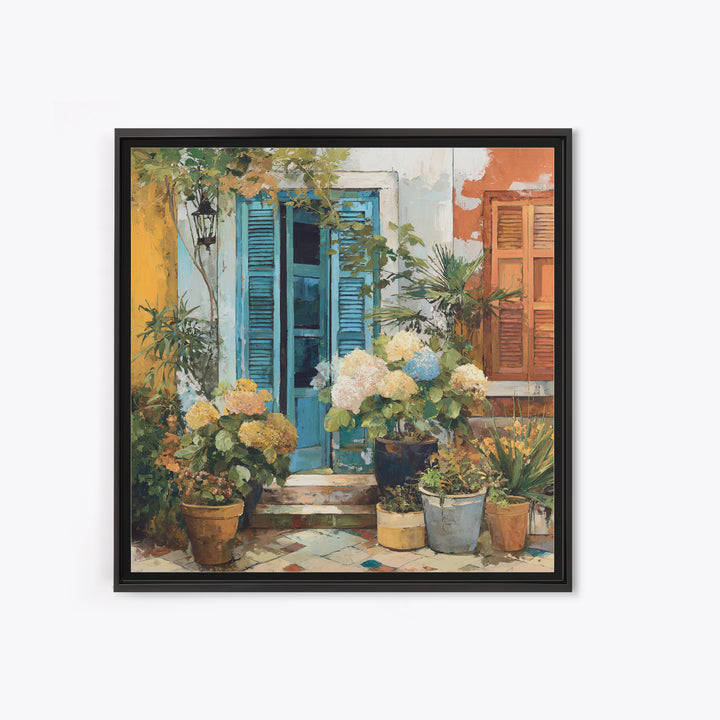 Soft Hydrangeas Beside Antique Shutters Framed Canvas Print, French Country Art, Home Decor, Farmhouse Decor, Fine Art, Country, FCA-1x1-32