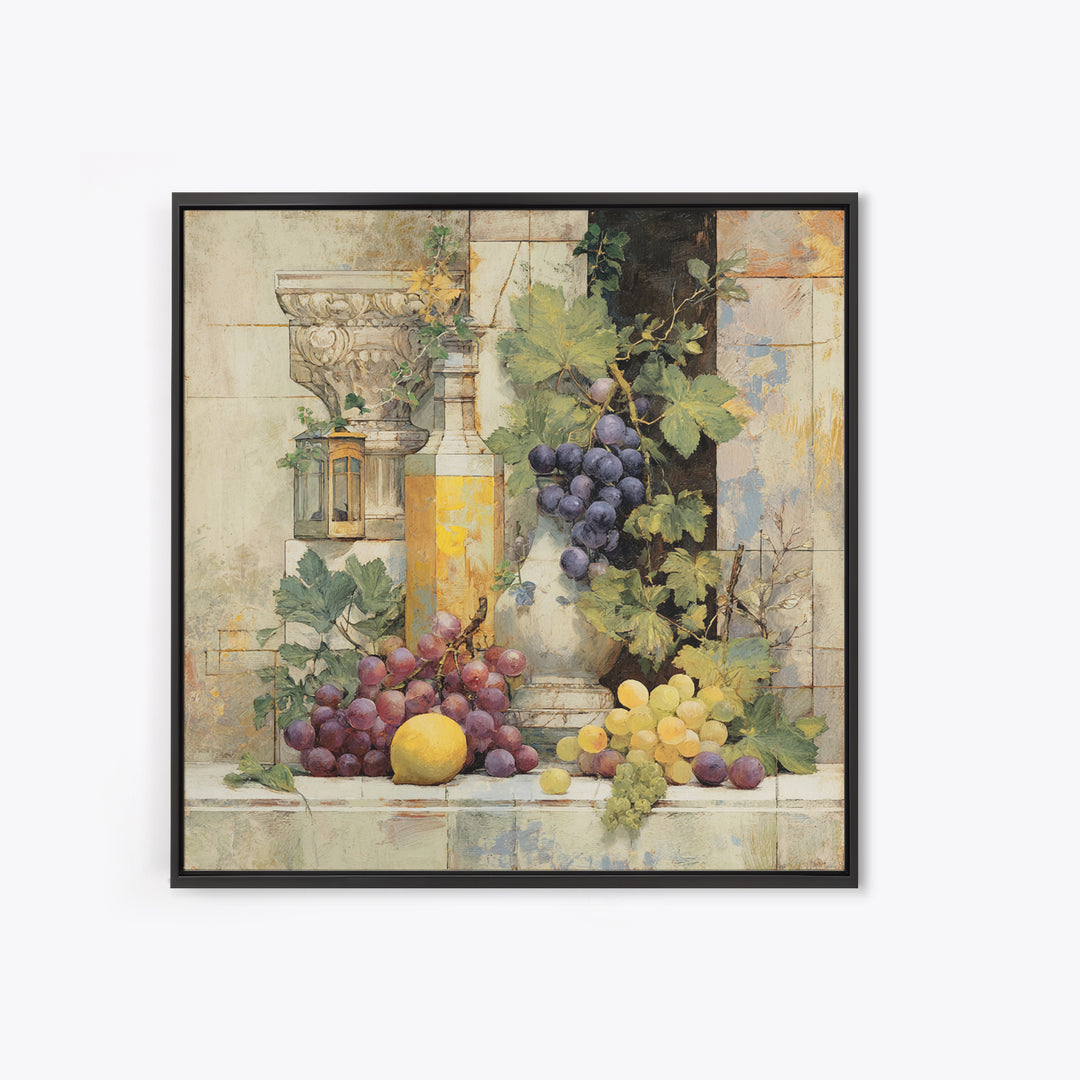 Grapes and Wine Still Life Framed Canvas Print, French Country Art, French Country Decor, Farmhouse Decor, Abstract Art, FCA-1x1-33