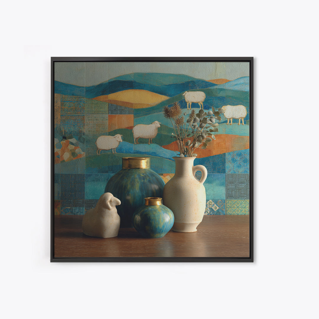 Pastoral Sheep in Rolling Countryside Framed Canvas Print, French Country Art, Floral Wall Art, Farmhouse Decor, Country, FCA-1x1-38