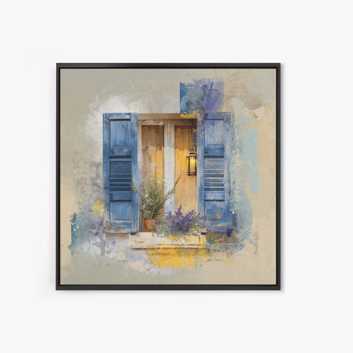 Weathered Window with Blue Shutters Canvas Print, French Country Art, Botanical Wall Art, Farmhouse Decor, Watercolor Art, FCA-1x1-45