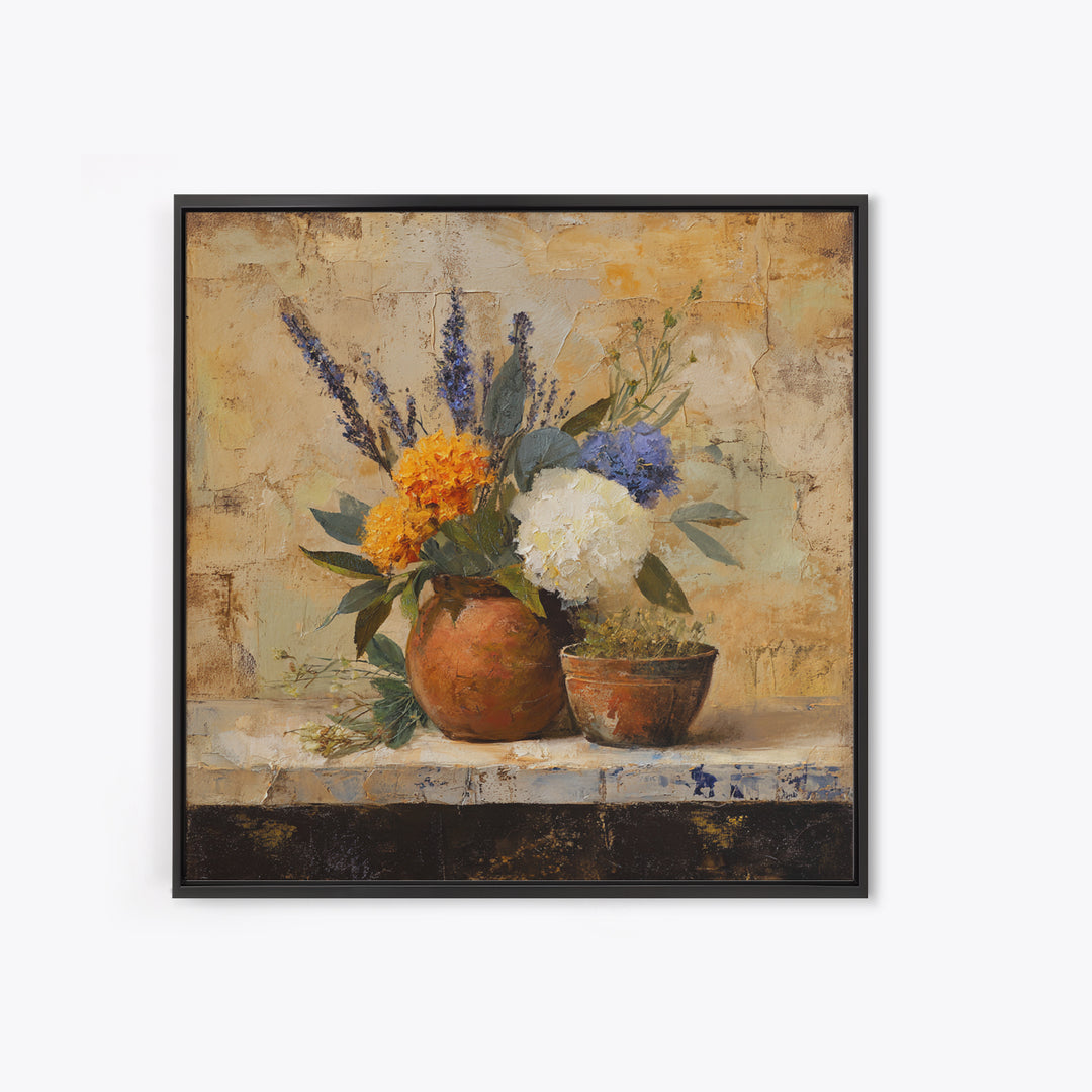 Antique Copper Pot and Flowers Still Life Framed Canvas Print, French Country Art, Wall Art, Farmhouse Decor, Oil Painting, FCA-1x1-48
