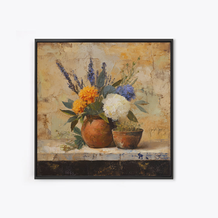 Antique Copper Pot and Flowers Still Life Framed Canvas Print, French Country Art, Wall Art, Farmhouse Decor, Oil Painting, FCA-1x1-48