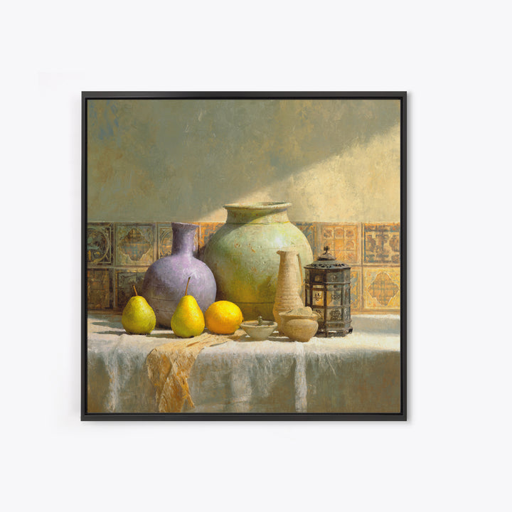 Pear Still Life on Linen Tablecloth Framed Canvas Print, French Country Art, Digital Art Prints, Farmhouse Decor, Abstract Art, FCA-1x1-52