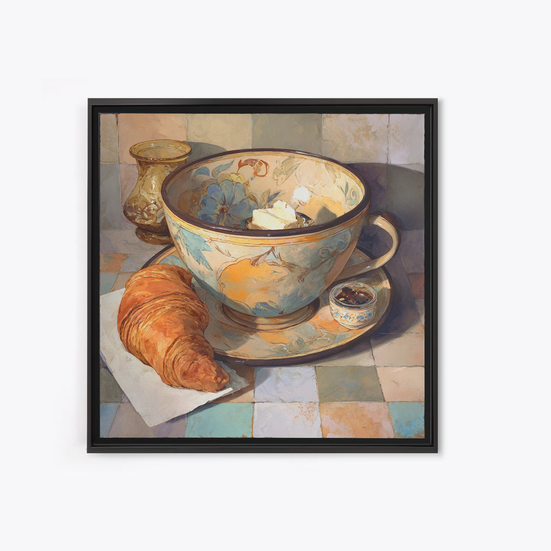 Caf Au Lait Bowl Framed Canvas Print, French Country Art, Digital Art Prints, Farmhouse Decor, Watercolor Art, Country, FCA-1x1-58