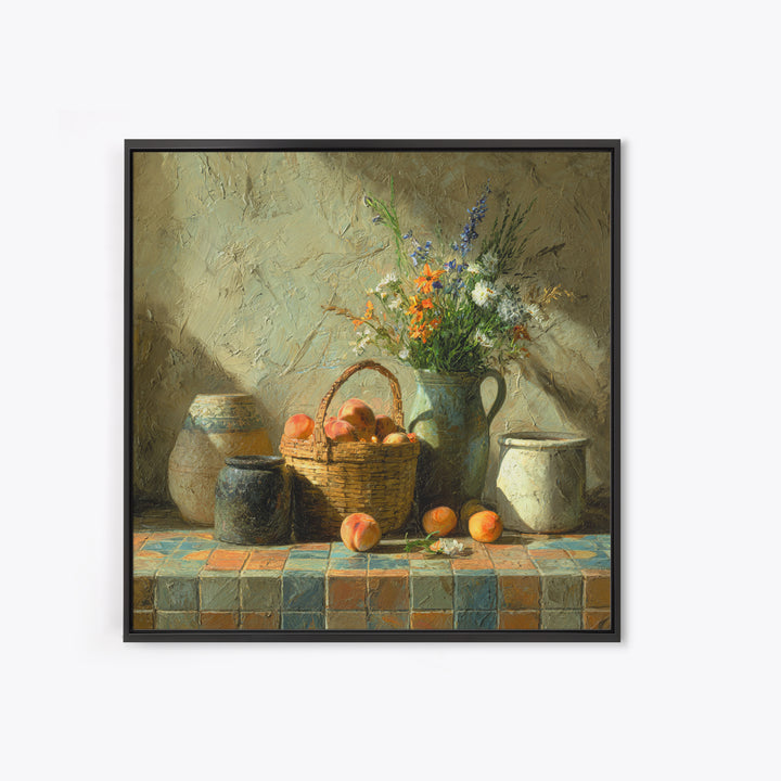 Basket of Fresh Peaches and Wildflowers Canvas Print, French Country Art, Eclectic Wall Art, Farmhouse Decor, Country, FCA-1x1-68