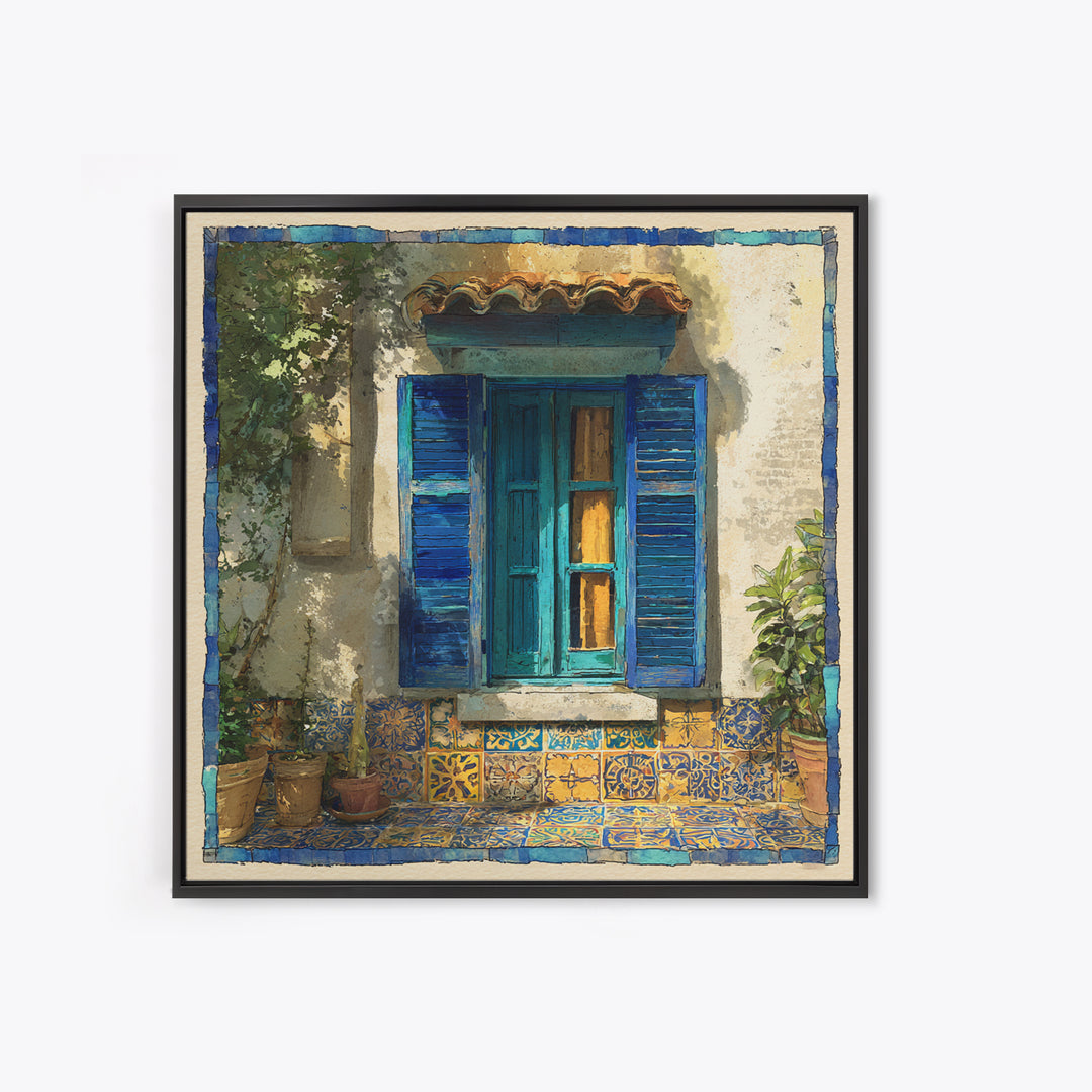 Weathered Window with Blue Shutters Canvas Print, French Country Art, Botanical Wall Art, Farmhouse Decor, Watercolor Art, FCA-1x1-69