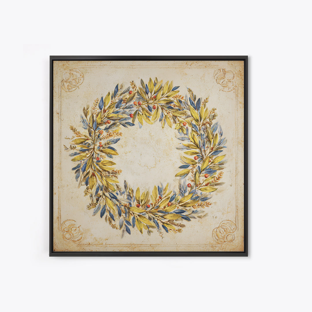 Olive Branch Wreath on Cream Ground Canvas Print, French Country Art, Farmhouse Wall Decor, Farmhouse Decor, Country, FCA-1x1-70