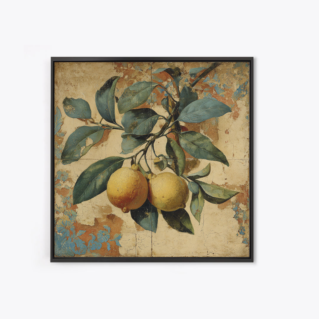 Aged Botanical Plate of Lemons and Leaves Canvas Print, French Country Art, Landscape Wall Art, Farmhouse Decor, Country, FCA-1x1-84