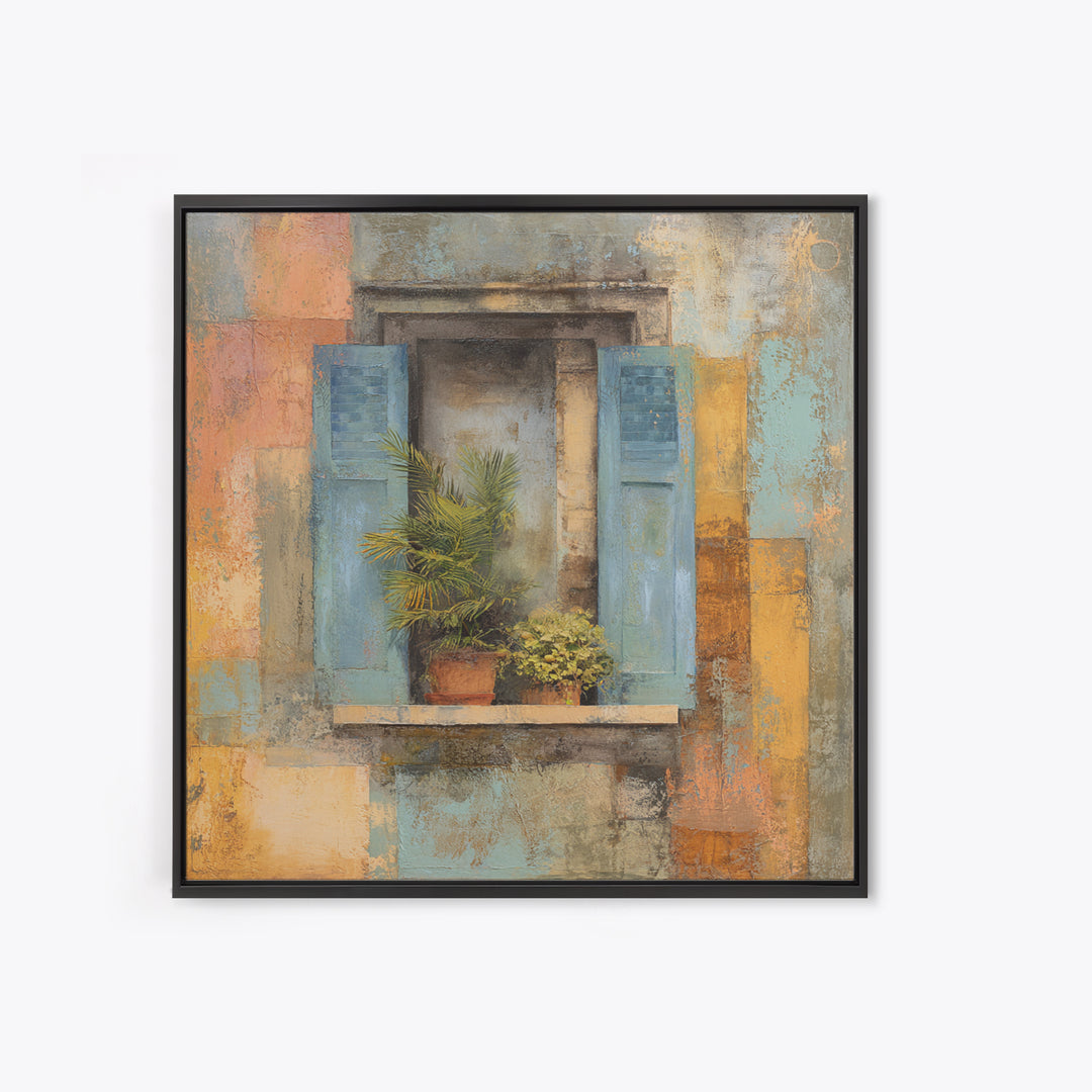 Weathered Window with Blue Shutters Framed Canvas Print, French Country Art, Landscape Wall Art, Farmhouse Decor, Oil Painting, FCA-1x1-93