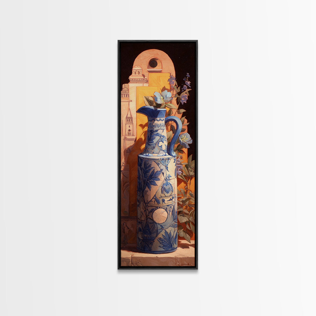 Blue and White Ceramic Pitcher Framed Canvas Print, French Country Art, Landscape Wall Art, Farmhouse Decor, Fine Art, Country, FCA-1x3-15