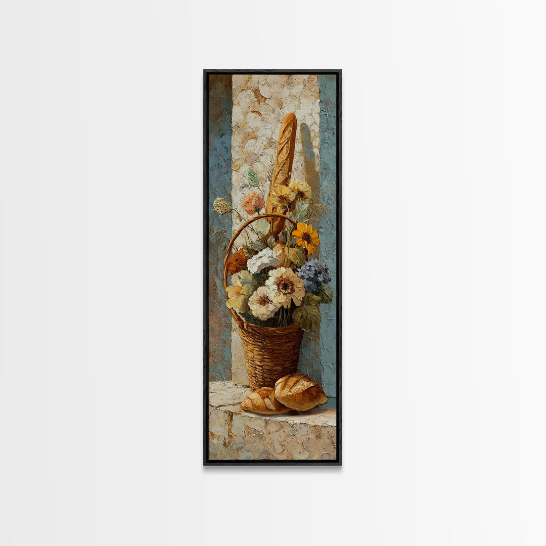 French Market Basket Framed Canvas Print, French Country Art, Downloadable Art, Farmhouse Decor, Oil Painting, Country, FCA-1x3-19