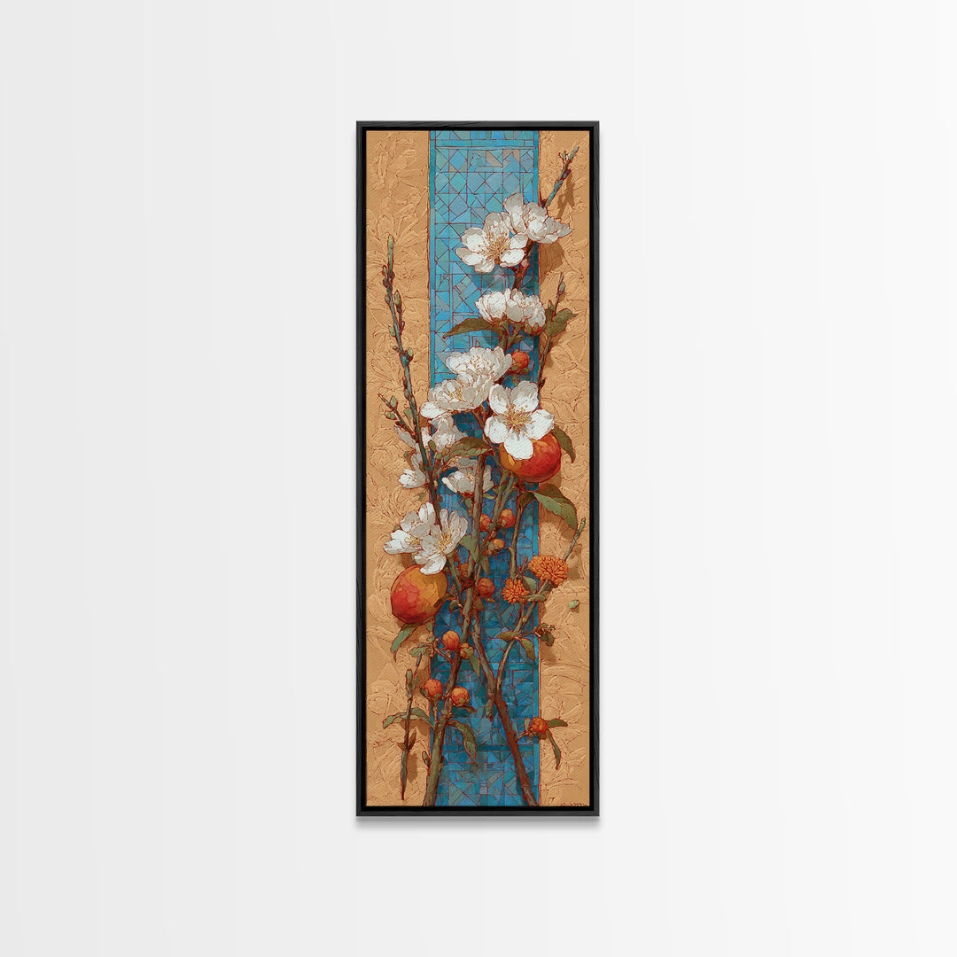 Basket of Fresh Peaches and Wildflowers Canvas Print, French Country Art, Farmhouse Wall Art, Farmhouse Decor, Watercolor Art, FCA-1x3-32