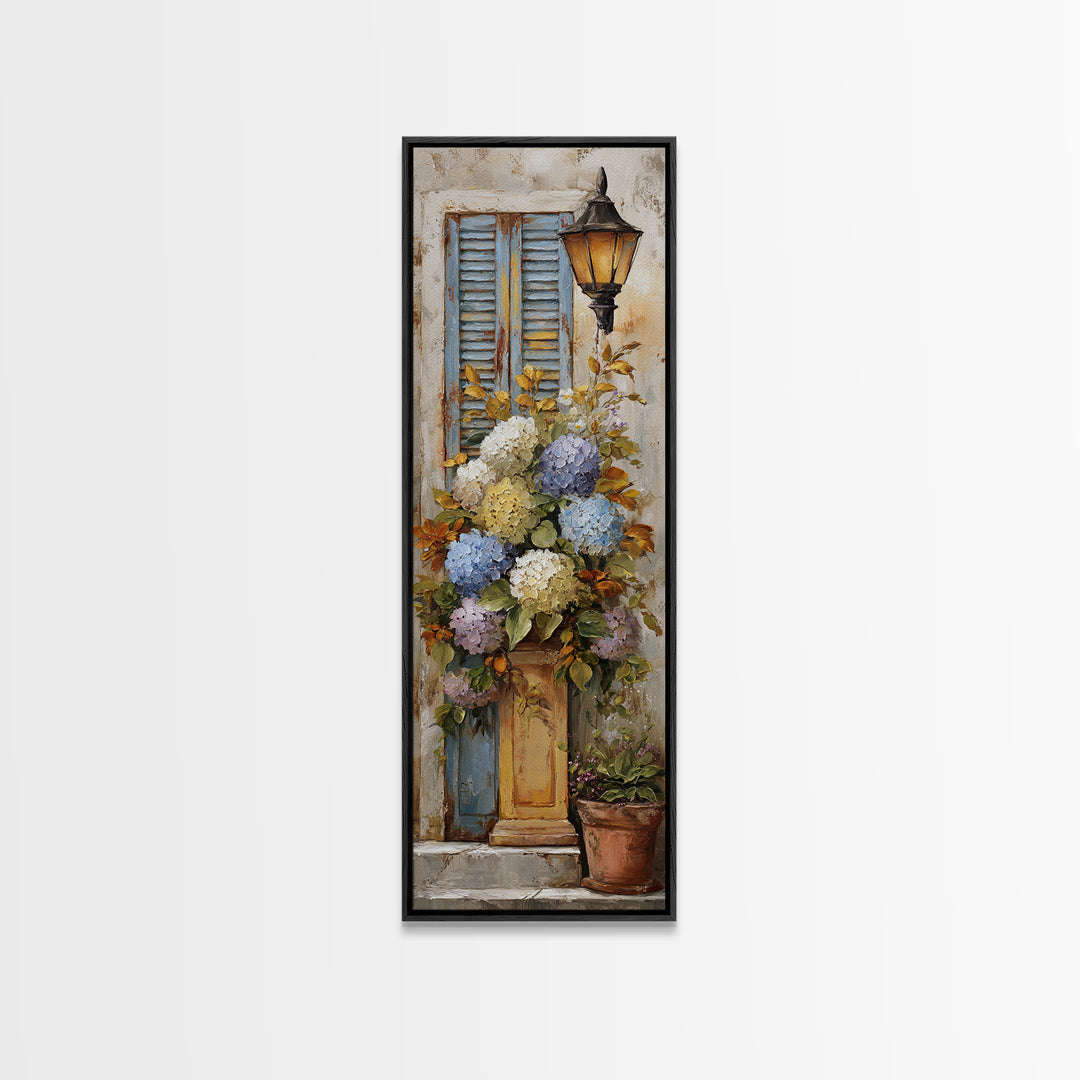 Soft Hydrangeas Beside Antique Shutters Canvas Print, French Country Art, Luxury Decor, Farmhouse Decor, Fine Art, Country, FCA-1x3-68