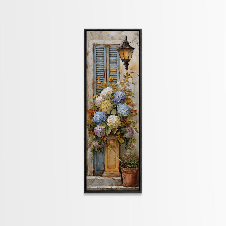Soft Hydrangeas Beside Antique Shutters Canvas Print, French Country Art, Luxury Decor, Farmhouse Decor, Fine Art, Country, FCA-1x3-68