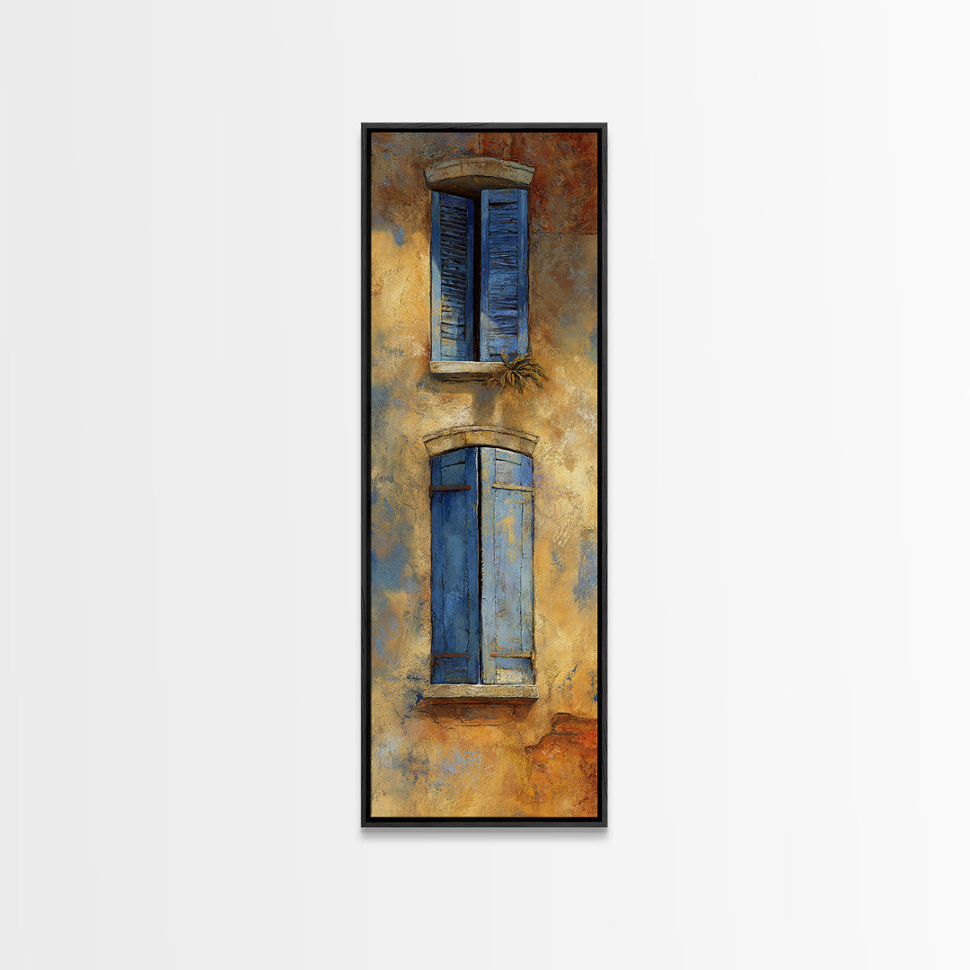 Weathered Window with Blue Shutters Canvas Print, French Country Art, Botanical Wall Art, Farmhouse Decor, Watercolor Art, FCA-1x3-9
