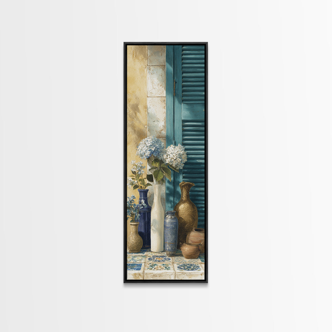 Soft Hydrangeas Beside Antique Shutters Framed Canvas Print, French Country Art, Contemporary Art, Farmhouse Decor, Country, FCA-1x3-92