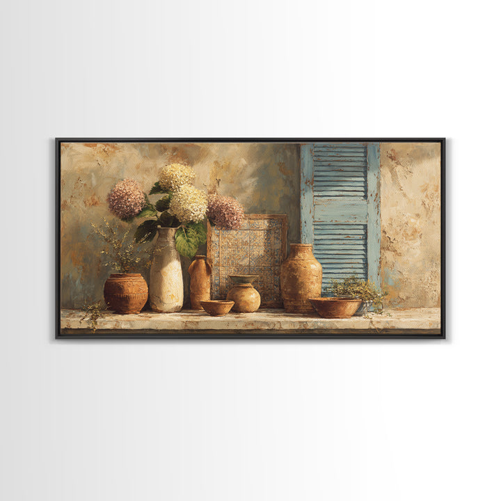 Soft Hydrangeas Beside Antique Shutters Framed Canvas Print, French Country Art, Floral Wall Art, Farmhouse Decor, Country, FCA-2x1-100