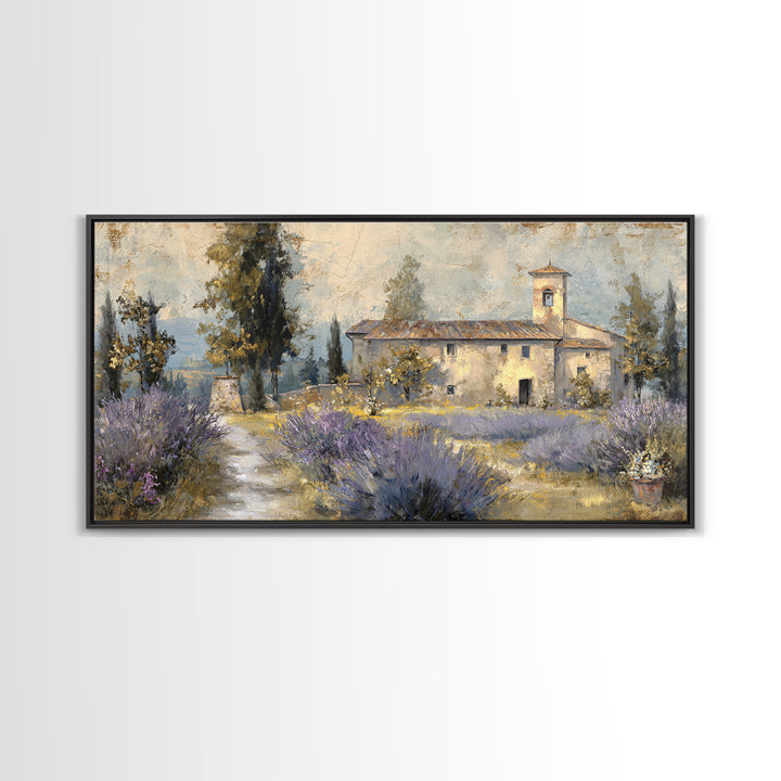 Lavender Field with Distant Stone Farmhouse Canvas Print, French Country Art, Farmhouse Decor, Oil Painting, Country, FCA-2x1-21