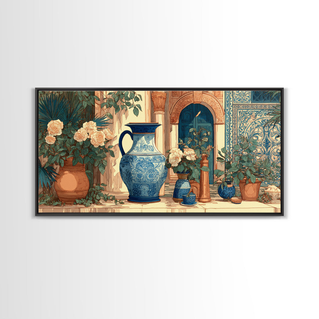 Blue and White Ceramic Pitcher Framed Canvas Print, French Country Art, Wall Art, Farmhouse Decor, Watercolor Art, Country, FCA-2x1-23