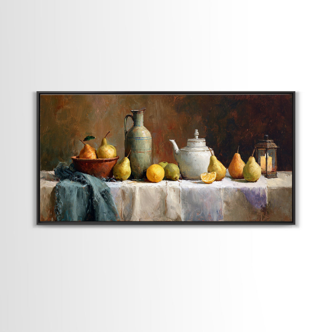Pear Still Life on Linen Tablecloth Framed Canvas Print, French Country Art, Room Decor, Farmhouse Decor, Fine Art, Country, FCA-2x1-24