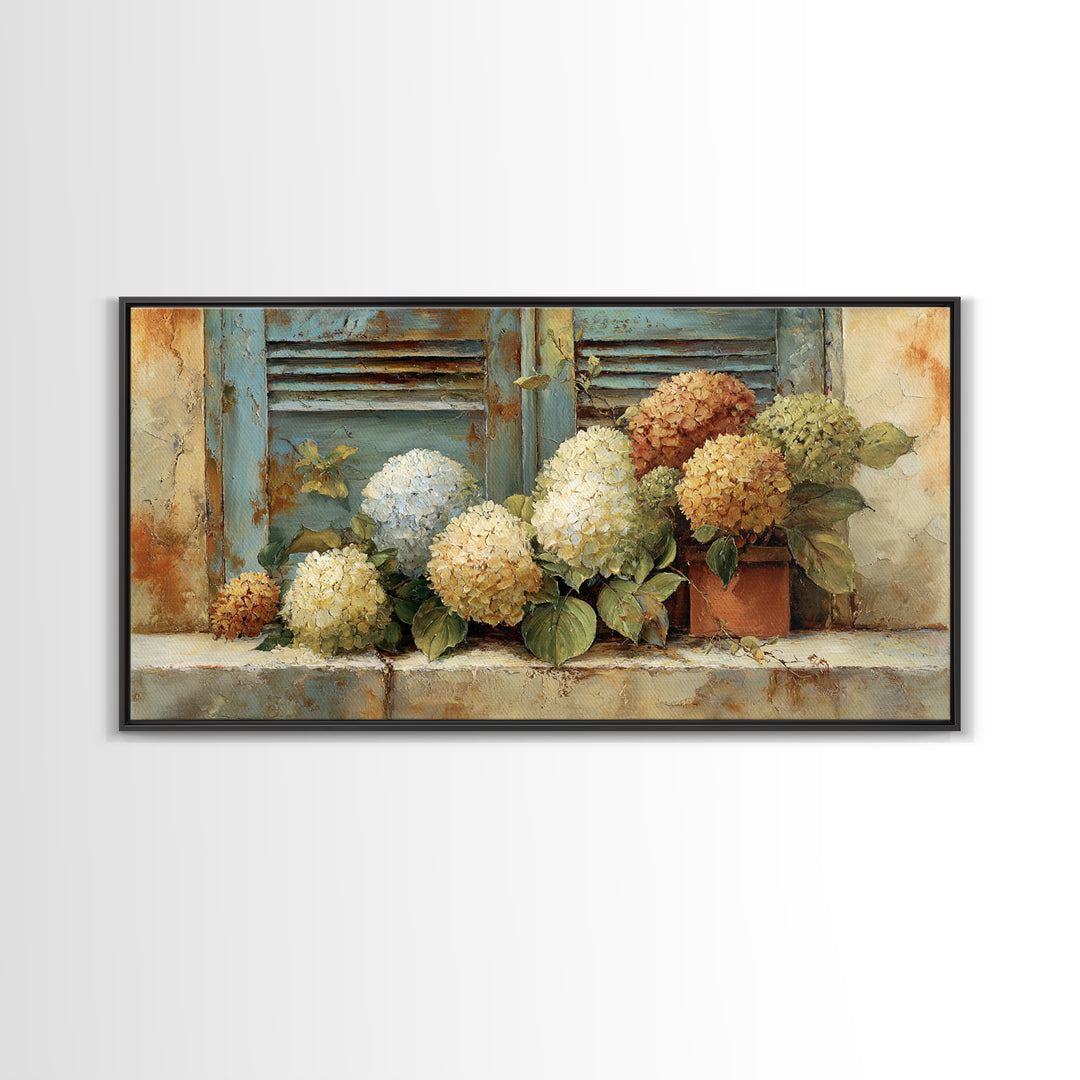 Soft Hydrangeas Beside Antique Shutters Framed Canvas Print, French Country Art, Textured Painting, Farmhouse Decor, Country, FCA-2x1-28