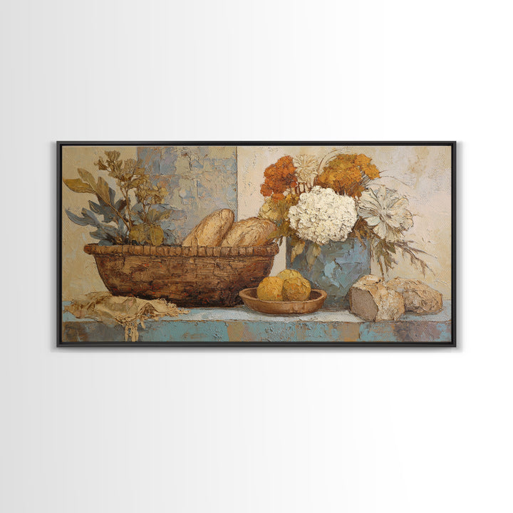 French Market Basket Framed Canvas Print, French Country Art, Digital Wall Art, Farmhouse Decor, Oil Painting, Country, FCA-2x1-3