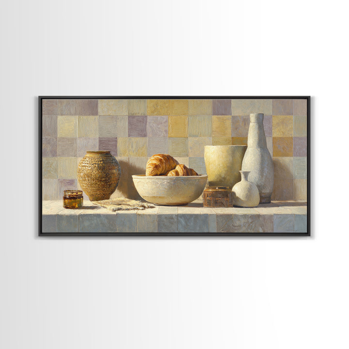 Caf Au Lait Bowl Framed Canvas Print, French Country Art, Above Bed Art, Farmhouse Decor, Fine Art, Country, Textured Painting, FCA-2x1-30