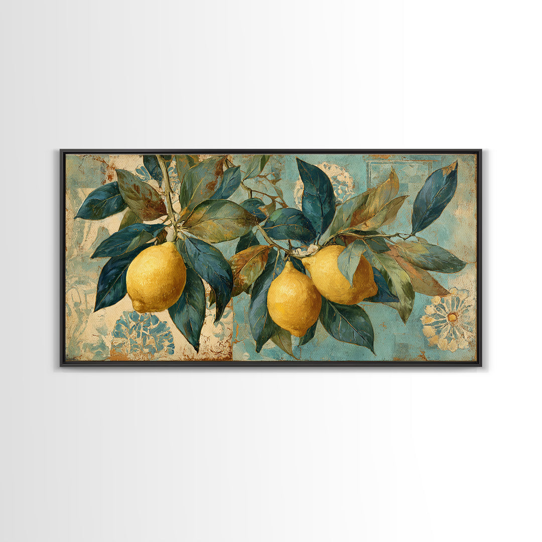 Aged Botanical Plate of Lemons and Leaves Canvas Print, French Country Art, Farmhouse Decor, Watercolor Art, Country, FCA-2x1-32
