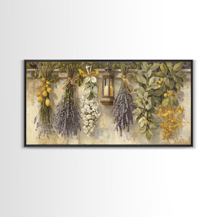 Farmhouse Kitchen Herbs Tied Framed Canvas Print, French Country Art, Above Bed Art, Farmhouse Decor, Fine Art, Country, FCA-2x1-33