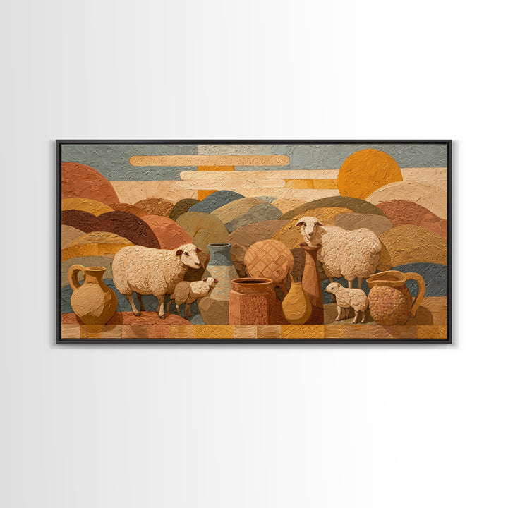 Pastoral Sheep in Rolling Countryside Framed Canvas Print, French Country Art, Home Decor, Farmhouse Decor, Fine Art, Country, FCA-2x1-34
