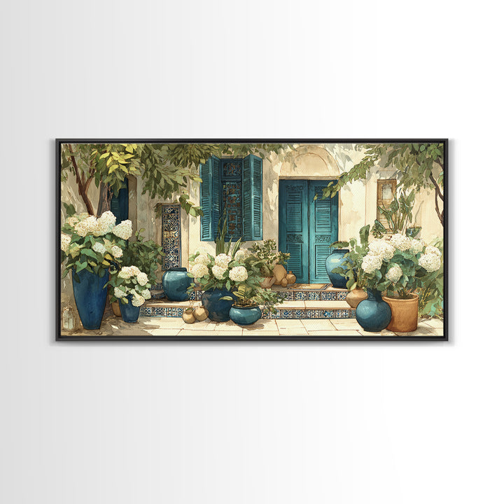 Soft Hydrangeas Beside Antique Shutters Canvas Print, French Country Art, Statement Artwork, Farmhouse Decor, Fine Art, Country, FCA-2x1-4