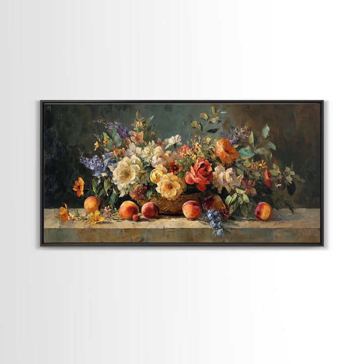 Basket of Fresh Peaches and Wildflowers Framed Canvas Print, French Country Art, Contemporary Art, Farmhouse Decor, Country, FCA-2x1-40