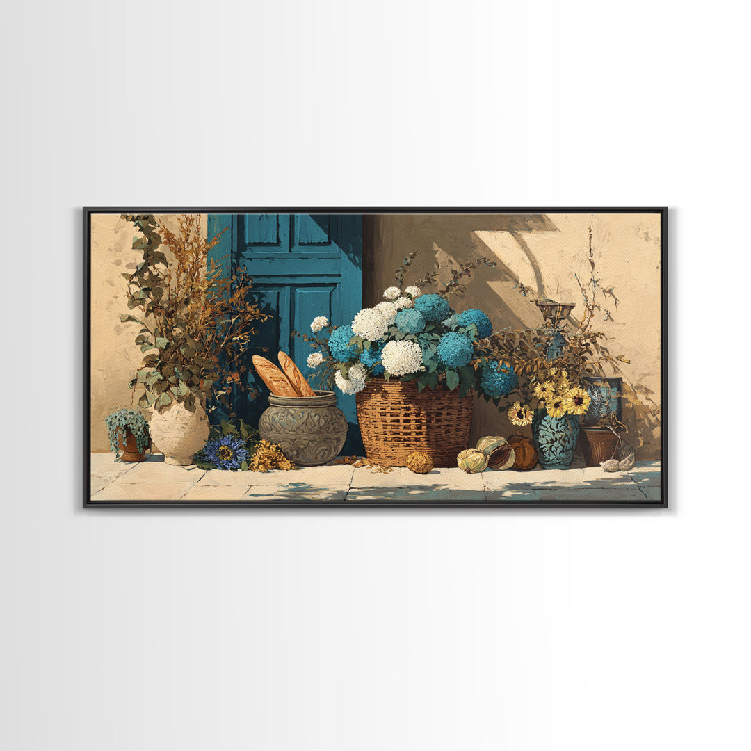 French Market Basket Framed Canvas Print, French Country Art, Digital Wall Art, Farmhouse Decor, Country, Floral Wall Art, FCA-2x1-51