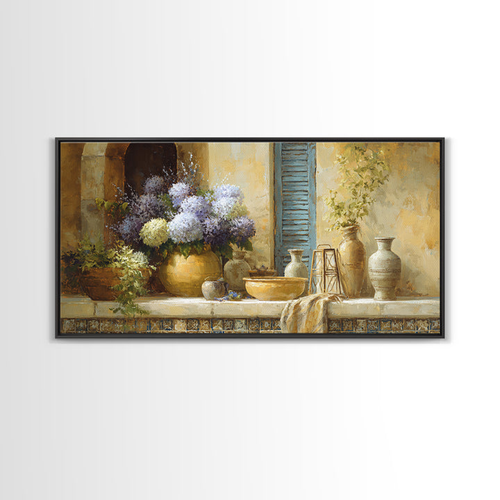 Soft Hydrangeas Beside Antique Shutters Canvas Print, French Country Art, Digital Prints, Farmhouse Decor, Fine Art, Country, FCA-2x1-52