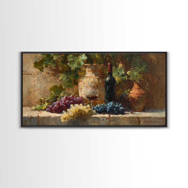 Grapes and Wine Still Life Canvas Print, French Country Art, Farmhouse Decor, Oil Painting, Country, Digital Wall Art, FCA-2x1-53