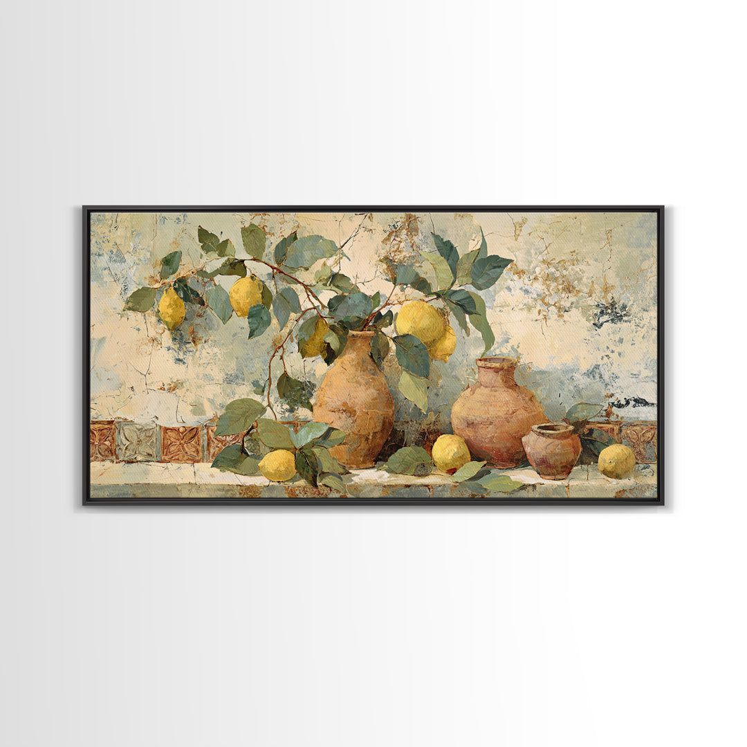 Aged Botanical Plate of Lemons and Leaves Framed Canvas Print, French Country Art, Digital Art, Farmhouse Decor, Country, FCA-2x1-56