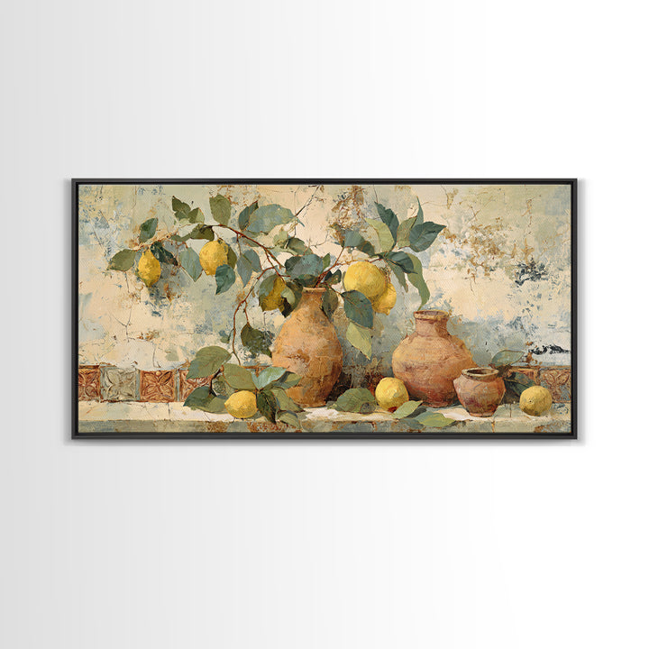 Aged Botanical Plate of Lemons and Leaves Framed Canvas Print, French Country Art, Digital Art, Farmhouse Decor, Country, FCA-2x1-56
