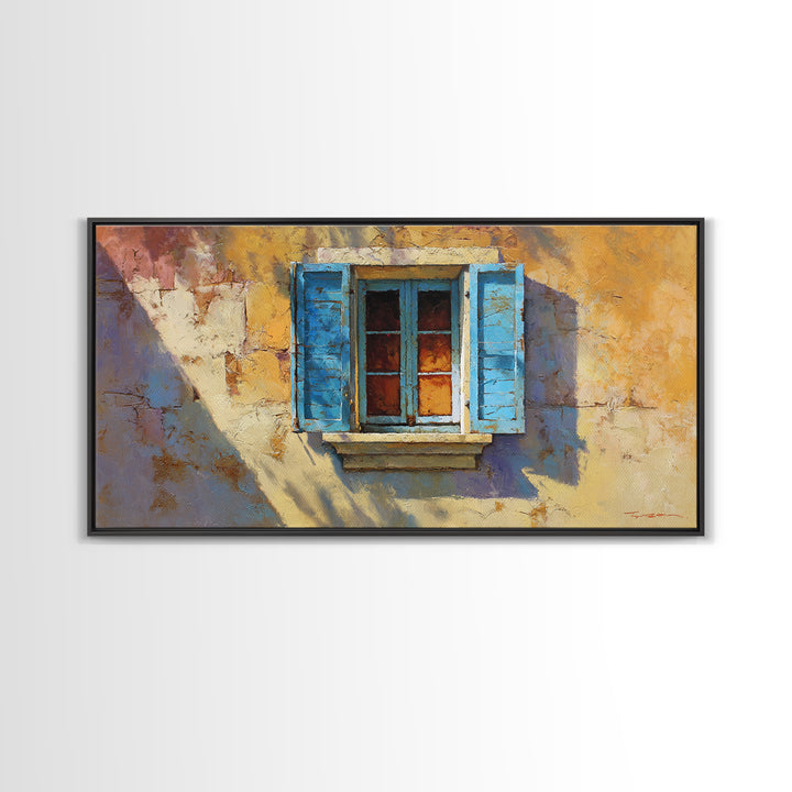 Weathered Window with Blue Shutters Framed Canvas Print, French Country Art, Boho Decor, Farmhouse Decor, Abstract Art, Country, FCA-2x1-65