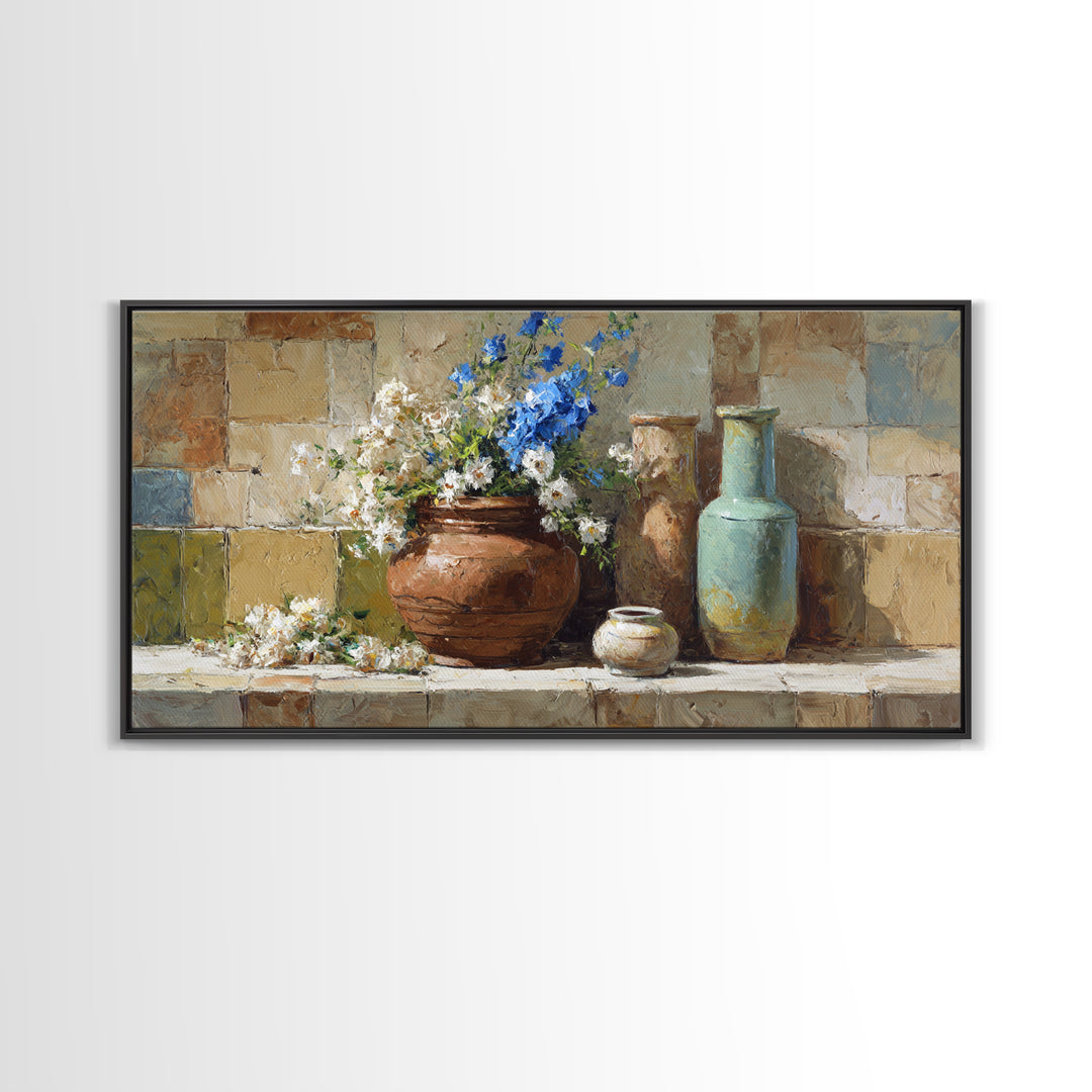 Antique Copper Pot and Flowers Still Life Canvas Print, French Country Art, Oil Painting, Farmhouse Decor, Watercolor Art, FCA-2x1-68