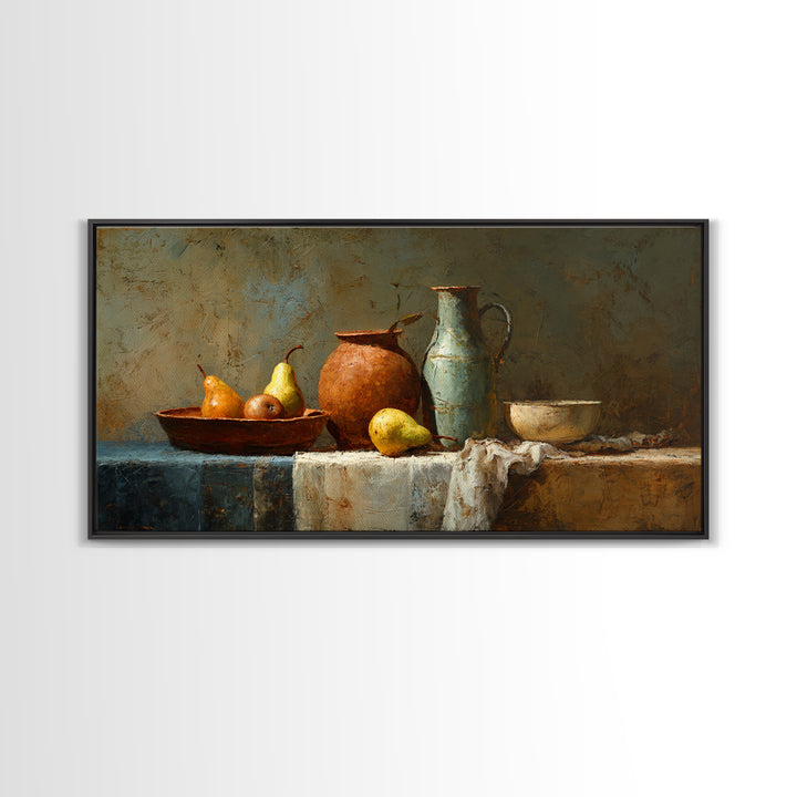 Pear Still Life on Linen Tablecloth Framed Canvas Print, French Country Art, Digital Wall Art, Farmhouse Decor, Abstract Art, FCA-2x1-72