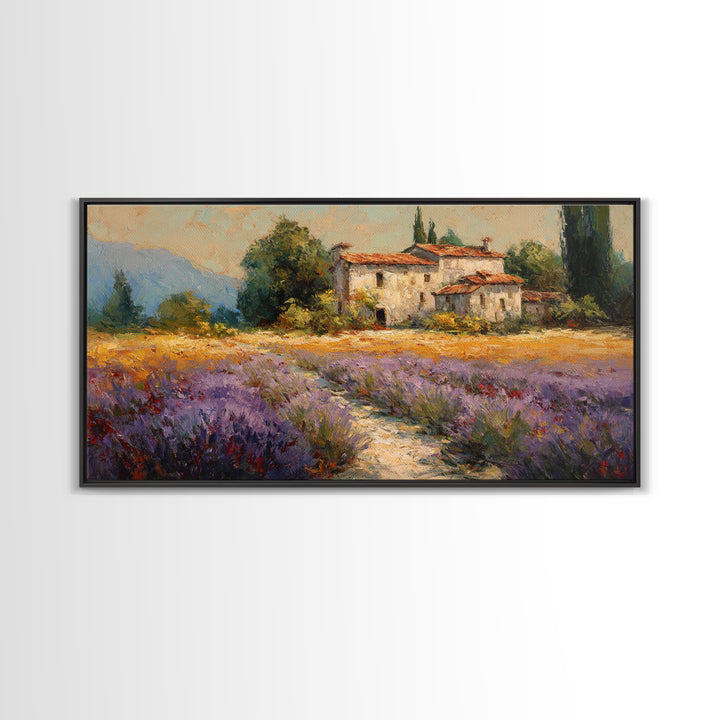 Lavender Field with Distant Stone Farmhouse Canvas Print, French Country Art, Minimalist Decor, Farmhouse Decor, Country, FCA-2x1-93